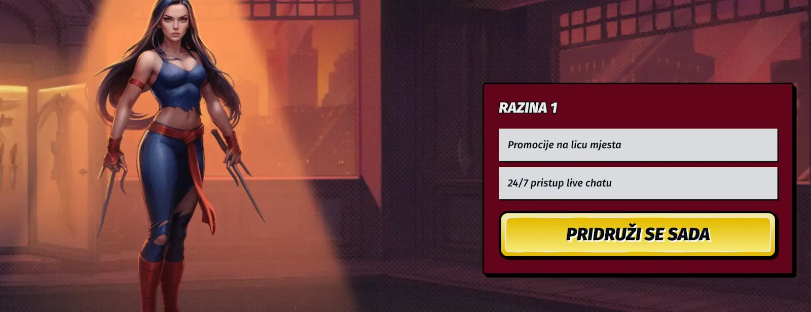 Razine pogodnosti u AllySpin casinu — Promocije na licu mjesta i 24/7 podrška uživo Žena ratnica stoji s oružjem ispred prozora uz promotivne pogodnosti