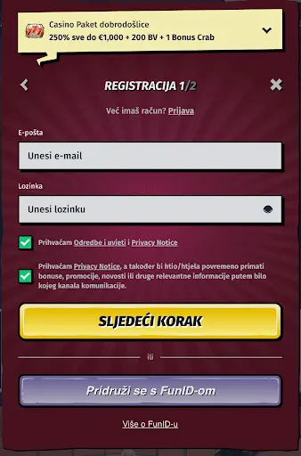 Registracija na AllySpin — 250% bonus do €1,000 + 200 BV i 1 Bonus Crab Obrazac za registraciju na AllySpin casinu s promotivnim paketom dobrodošlice