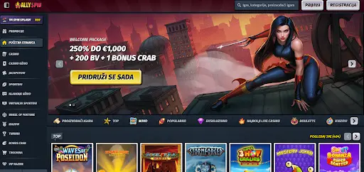 AllySpin Casino – Uhvati 250% bonus do €1,000 + 200 BV + 1 Bonus Crab na prvu uplatu Početna stranica AllySpin casina – 250% bonus dobrodošlice do €1,000, 200 besplatnih vrtnji i 1 Bonus Crab