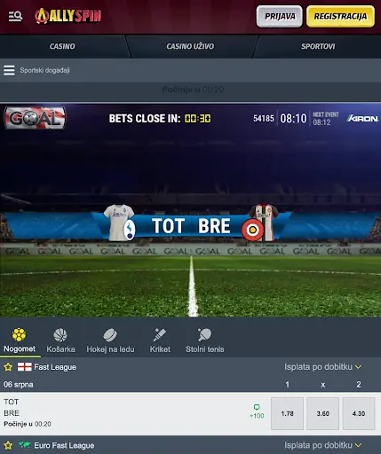 Kladite se na virtualni meč TOT vs BRE — dostupno u Fast League na AllySpin Virtualna nogometna utakmica TOT protiv BRE u kladioničkoj ponudi AllySpin