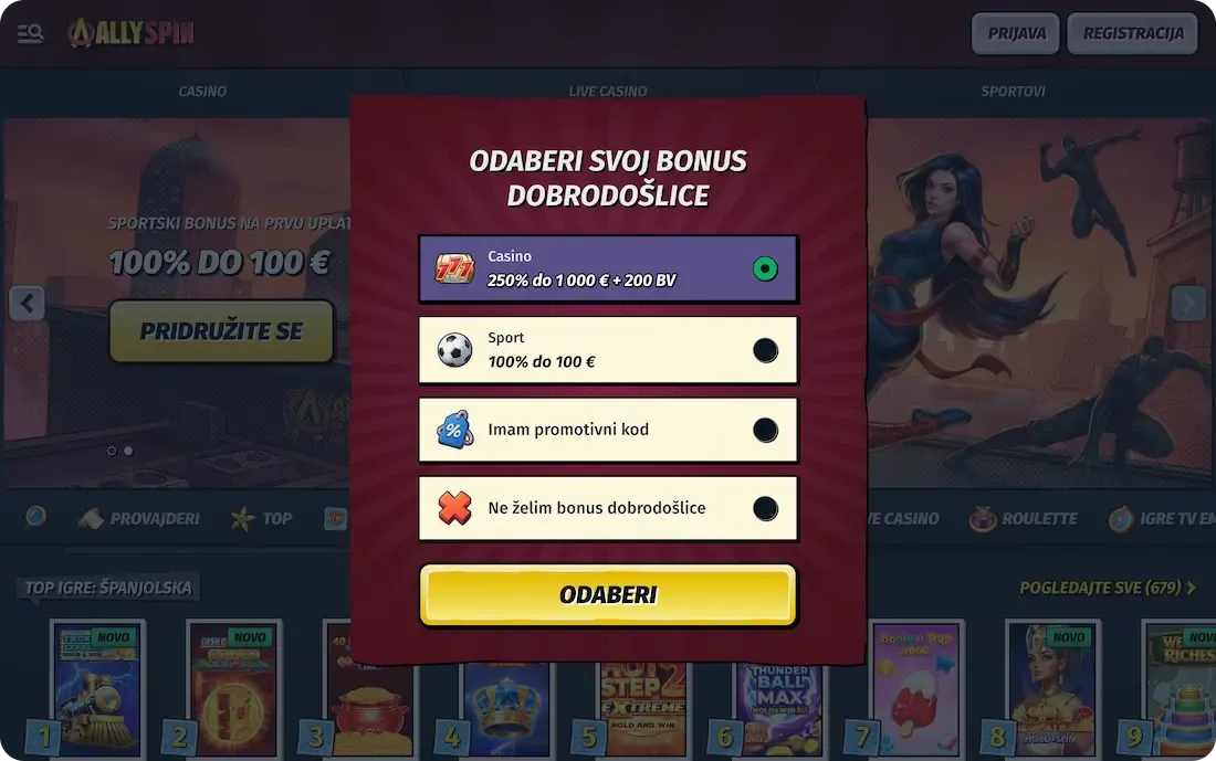 allyspin casino bonus dobrodošlice